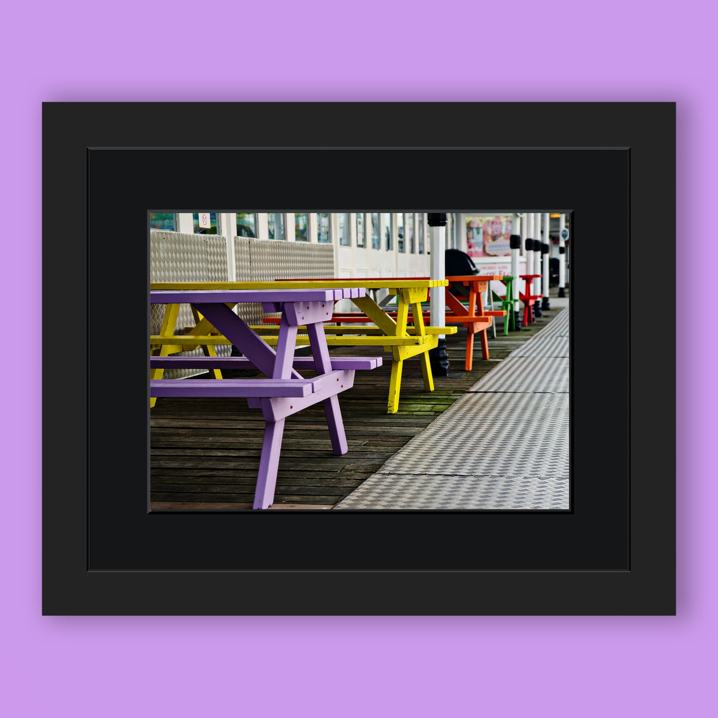 Coloured Benches on the Palac Pier Brighton Limited Edition Print By Stef Kerswell