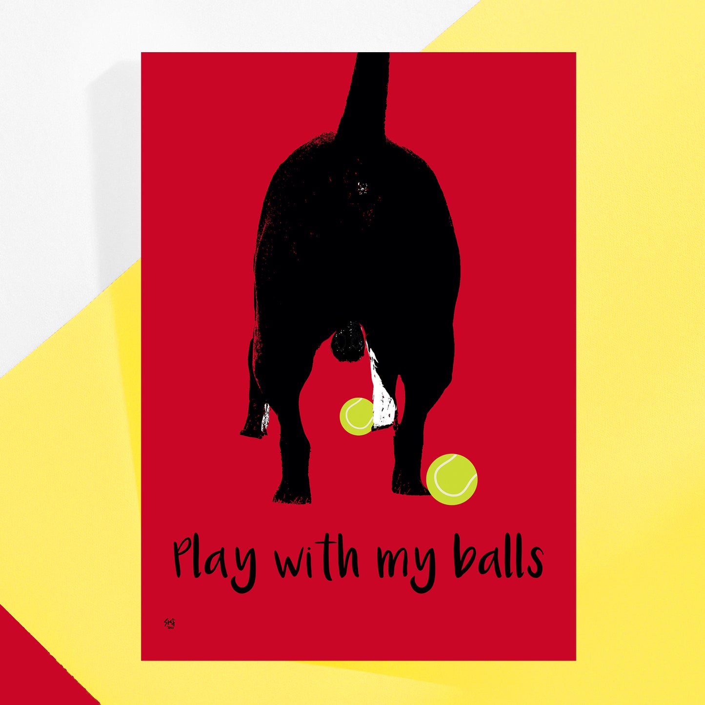 Play with my balls rude greeting card featuring a dog's bottom and balls by Studio Flea