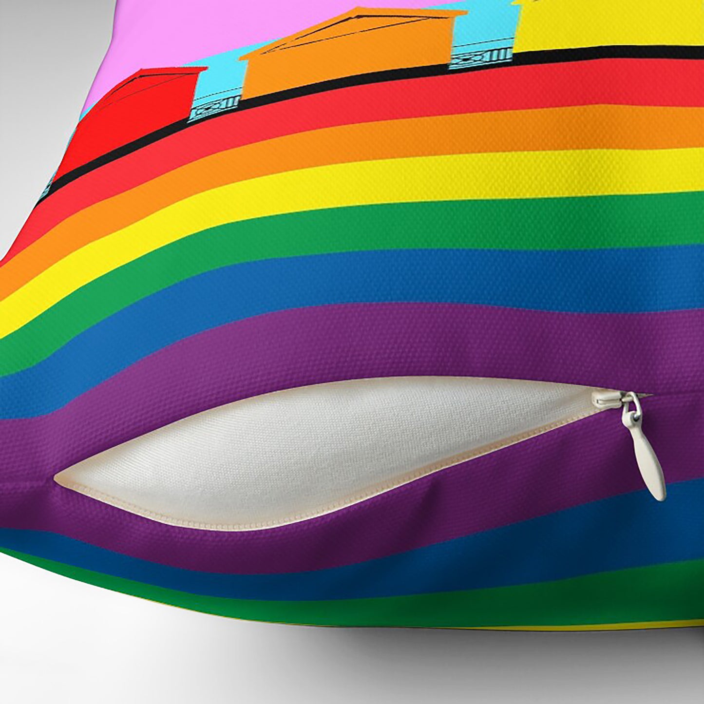 LGBT Brighton Pride Hove Beach Huts Cushion Cover by Billy Brighton