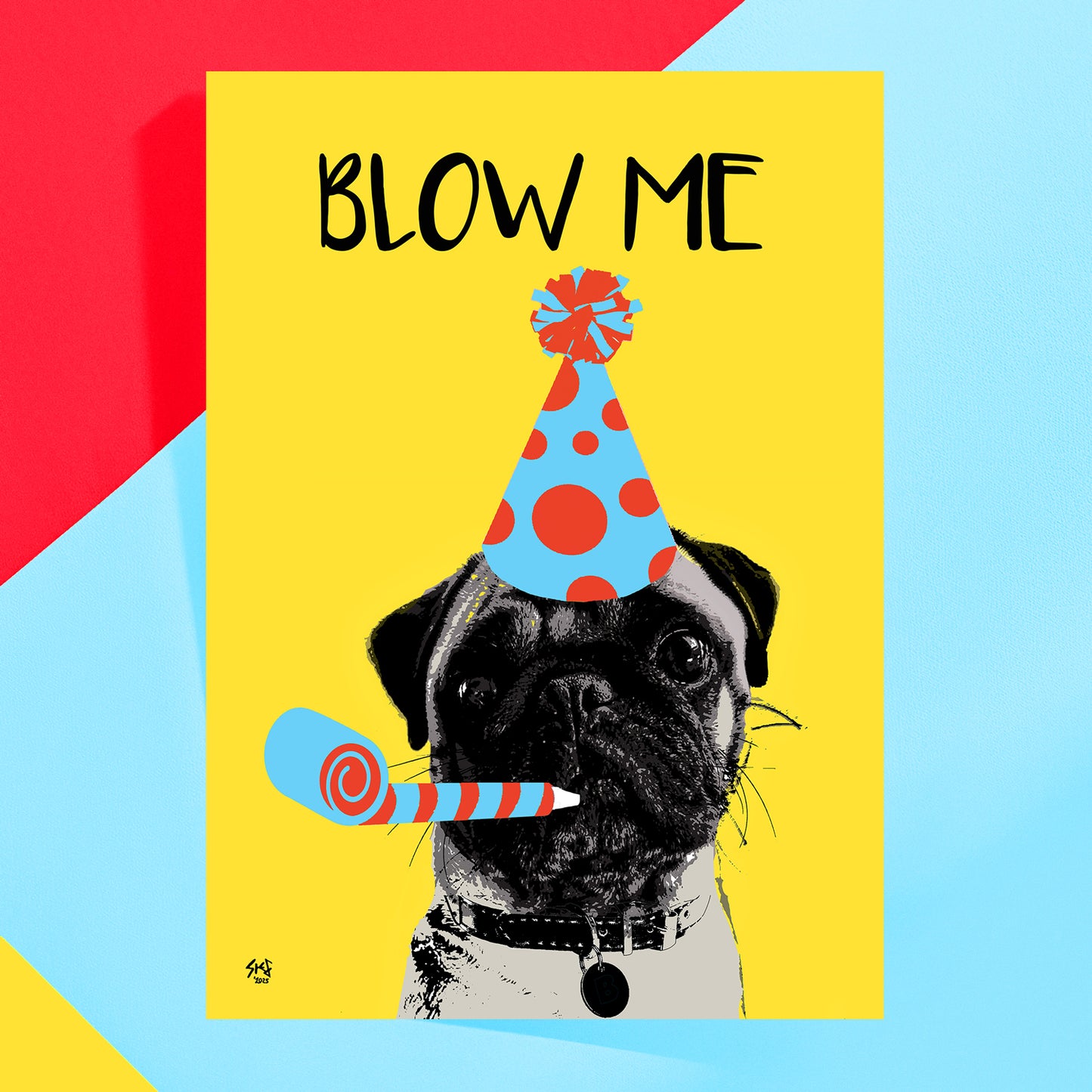 Dog wearing a party hat with 'BLOW ME' text on a colorful background greeting card by Studio Flea