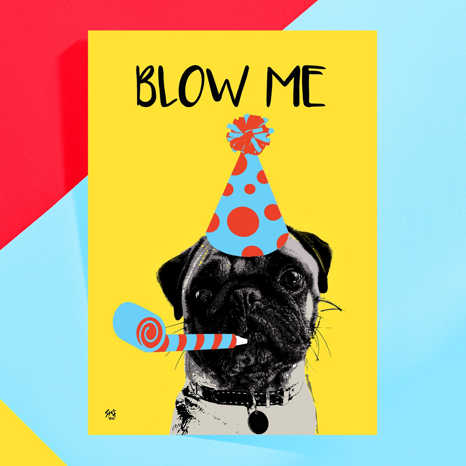 Dog wearing a party hat with 'BLOW ME' text on a colorful background greeting card by Studio Flea