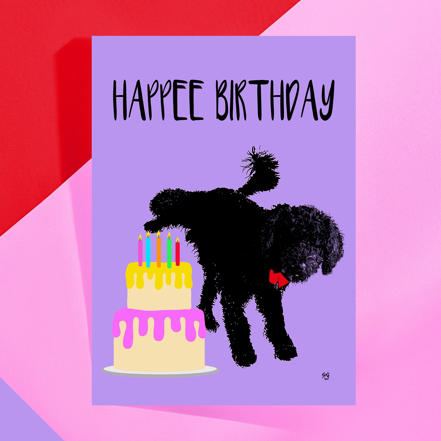Dog cocking it's leg on a birthday cake rude greeting card by Studio Flea