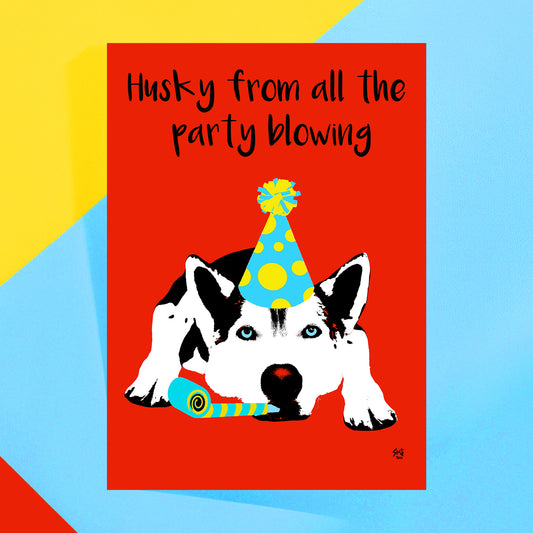 Husky dog with party had and party blower rude greeting card by Studi Flea