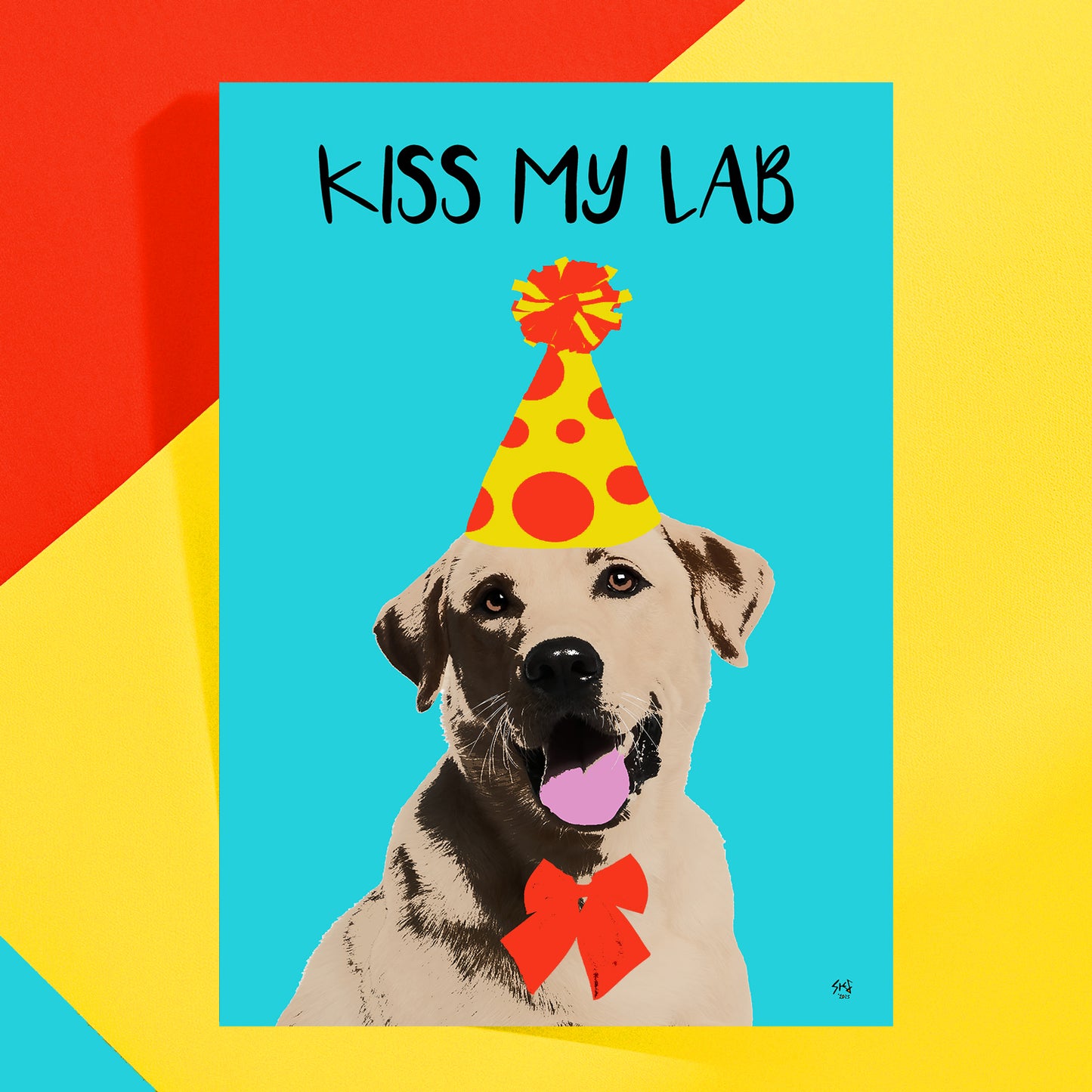 Dog wearing a party hat with 'Kiss My Lab' text on a colorful background greeting card by Studio Flea