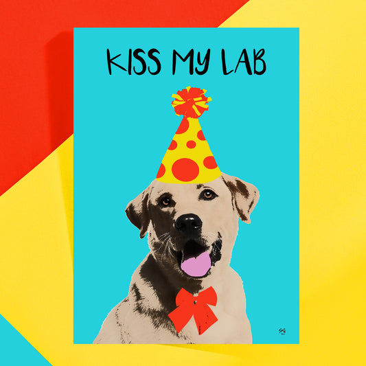 Dog wearing a party hat with 'Kiss My Lab' text on a colorful background greeting card by Studio Flea