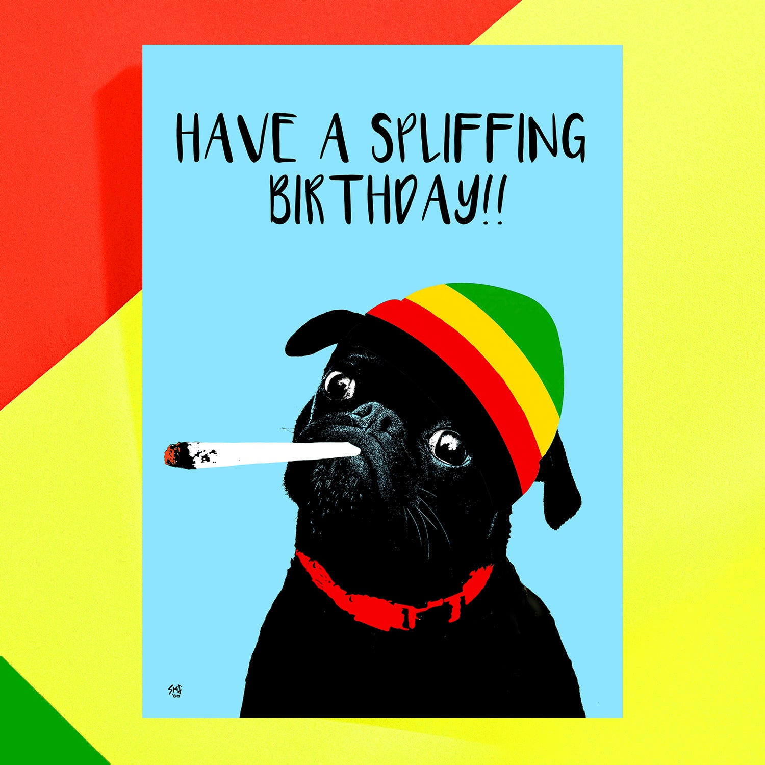 Rasta stoner pug dog smoking a joint greeting card by Studio Flea